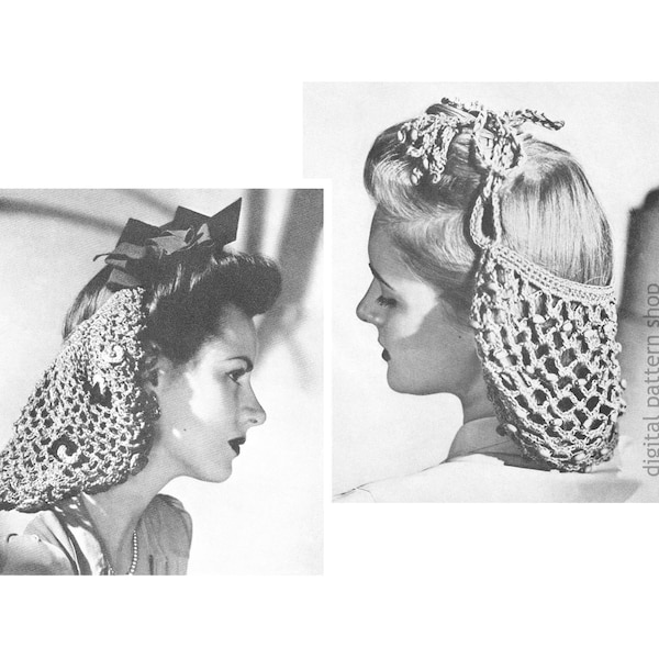 1940s Vintage Snoods Crochet Pattern for Women, Beaded Snood, Mesh Hair Net to Crochet Instant Download PDF Pattern - C222