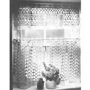 May include: A window with sheer curtains featuring a geometric circle and square pattern. The curtains are hung on a rod. A small vase with flowers sits on the windowsill. The text "digital pattern shop" is visible on the left side.