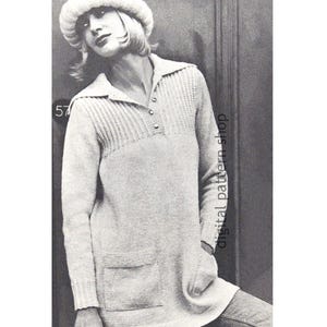 70年代風ロングセーターの編み図、プルオーバースモックトップ＆ハット、ゆったりジャンパー PDFダウンロード - K249