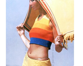 Molde de tricô para top cropped, top cropped arco-íris estilo anos 70 para mulheres, download em PDF K239
