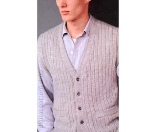 Modello gilet in maglia da uomo, modello gilet con orlo a coste per uomo, modello per maglia da 38 a 44, PDF download immediato - K209
