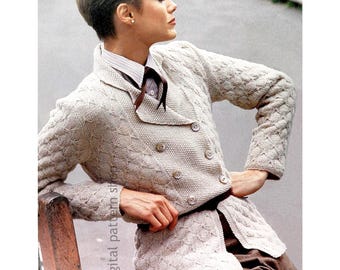 Knit Jacket Pattern for Women, Vintage Vogue Double Breasted Tailored Jacket, Butterfly & Moss Stitch Cardigan Downloadable PDF - K255