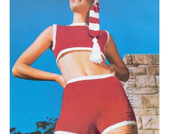 Modello per top e pantaloncini in maglia anni '60, top corto vintage, slip a vita alta e sciarpa per donna, download PDF K263