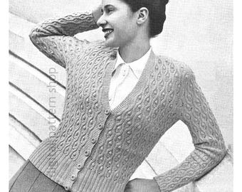 Wzór na kardigan w stylu vintage z lat 40. dla kobiet, teksturowany dopasowany sweter z guzikami z przodu do pobrania w formacie PDF - K271
