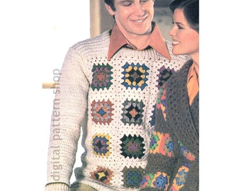 Patrón de crochet para suéter con motivos para hombre, jersey de cuadros de abuela para hombre, bandas tejidas, descarga instantánea en PDF - C278