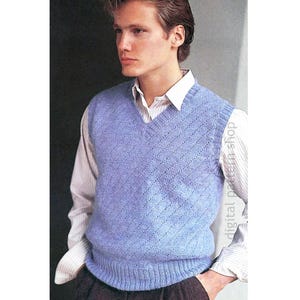 Mens Pullover Vest Pattern, Vogue Diagonal Rib Stitch V-Neck Sleeveless Sweater for Men Knitting Pattern Chest 36 to 44, PDF Download - K220