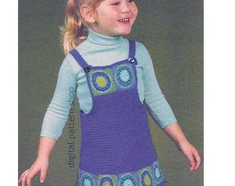 Girls Crochet Pattern, Vintage Granny Square Jumper, Bib Skirt Pinafore PDF Download C381