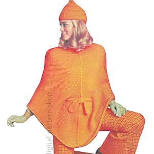 60s Cyclist Poncho Knitting Pattern, Belted Poncho & Cap PDF Download - K279