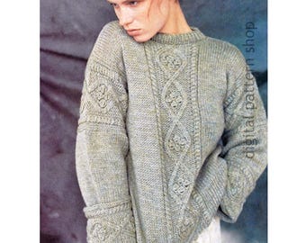 Vintage Knitting Pattern, Vogue Casual Sweater, Aran Style Sweater, Loose Jumper PDF Download - K280