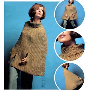 60s Cape Knitting Pattern, Vintage Zipper Front Cape, Arm Openings, Stand-Up Collar Poncho PDF Download - K290