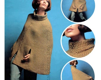 Wzór na pelerynę z lat 60., peleryna z zamkiem błyskawicznym z przodu w stylu vintage, otwory na ramiona, ponczo ze stójką (plik PDF) do pobrania – K290