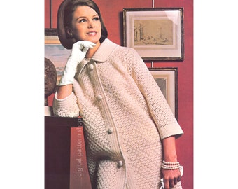 Molde de casaco de crochê dos anos 70, jaqueta feminina vintage leve e elegante com botões em PDF para download - C227