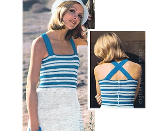 Sundress Crochet Pattern, Beach Dress Crossed Back Straps for Women, Sun Dress Bust 32 34 36 PDF - C259