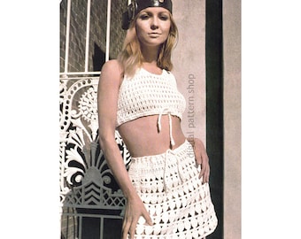 Padrão de crochê para top e saia midriff dos anos 1960, top curto e minissaia, download instantâneo em PDF, busto 34-36 - C241