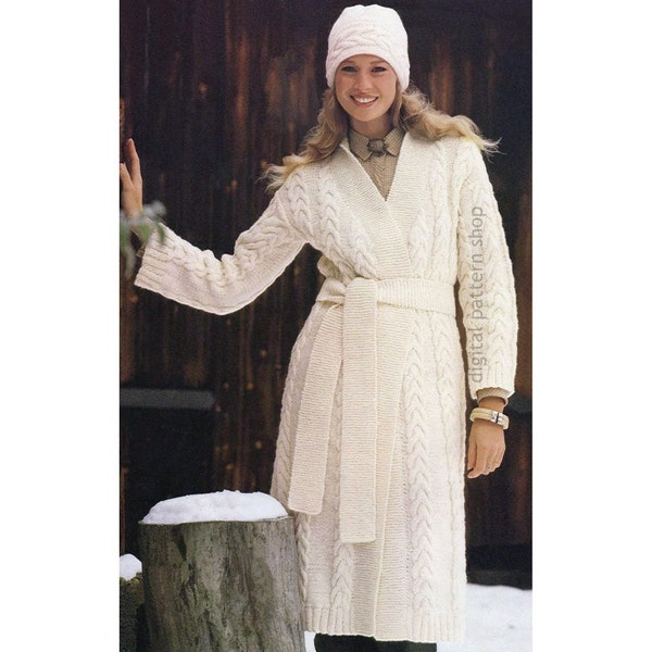 Long Coat Knitting Pattern, Cable Knit Wrap Sweater & Hat Pattern for Women Printable Instant Download PDF- K163