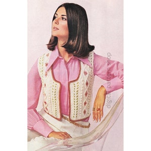 70s Embroidered Vest Knitting Pattern, Aran Knit Vest Pattern for Womens Waistcoat Instant Download PDF - K166