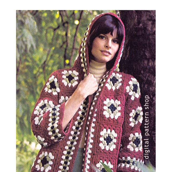 Womens Crochet Pattern Hooded Jacket Vintage Granny Square Sweater Crochet Pattern Hippie Sweater PDF - C84