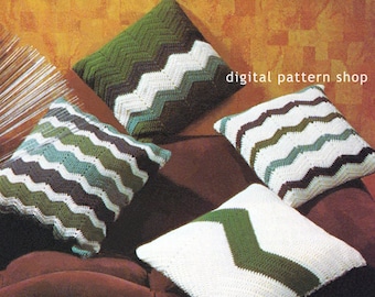Vintage 70s Chevron Pillow Crochet Pattern, Ripple Zig Zag Cushion Covers PDF Download - C85