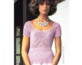 Molde para blusa de crochê filé, blusa de verão com decote quadrado, modelo vintage em PDF para download - C169
