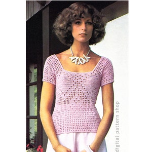 Filet Crochet Top Pattern, Square Neck Summer Top, Crochet Blouse Short Sleeves Vintage Pattern PDF Download Women Size 6 to 12- C169