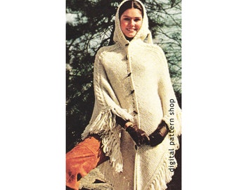 Strickmuster Umhang, 70er Vintage Kapuzen Cape Poncho Strickmuster für Damen PDF Download - K42