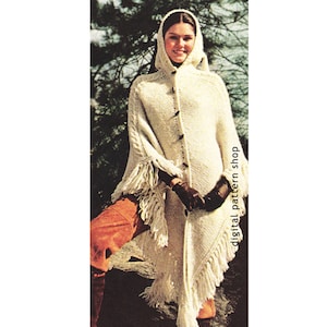 Knit Cape Pattern, 70s Vintage Hooded Cape Poncho Knitting Pattern for Women PDF Instant Download - K42