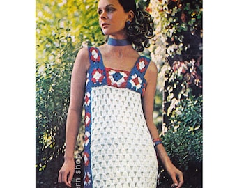 Crochet Dress Pattern Granny Square Dress Crochet Pattern Maxi Gown, Red White & Blue PDF Download - C142