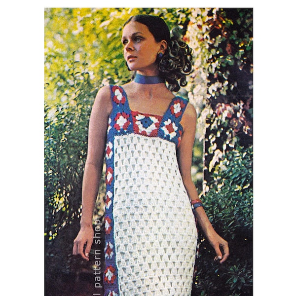 Crochet Dress Pattern Granny Square Dress Crochet Pattern Womens Maxi Gown, Red White and Blue Instant Download PDF Pattern- C142