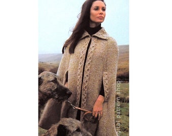 Womens Knit Cape Pattern 1970s Vintage Cable Trimmed Cape Knitting Pattern Arm Slits Collar PDF Instant Download K74