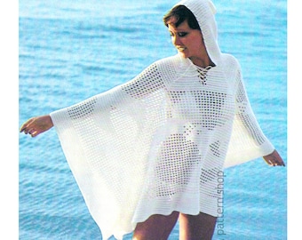 Hooded Beach Poncho Crochet Pattern, Vintage Hoodie Cover-Up Filet Crochet Seagull Design Cape PDF Download - C204