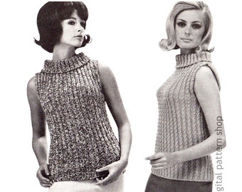 Modelo de tricô para suéter gola alta sem mangas dos anos 1960 – Blusa canelada torcida - Download em PDF - K98