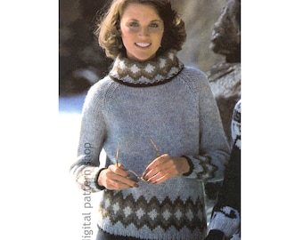 Knit Sweater Pattern, Raglan Turtleneck Sweater Knitting Pattern, Womens Pullover Patterned Jumper PDF Instant Download - K104