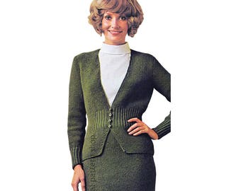 Wzór na kurtkę i spódnicę, dopasowany garnitur, kardigan z guzikami z przodu, pojedyncze wykończenie szydełkowe, damskie, natychmiastowe pobranie pliku PDF - K112