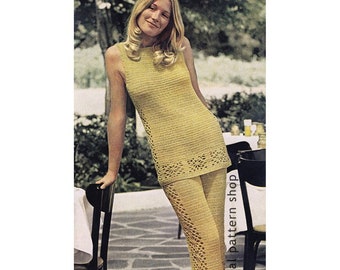 Vintage Pants Suit Crochet Pattern Open Work Border Tunic Top & Trousers PDF Download - C41