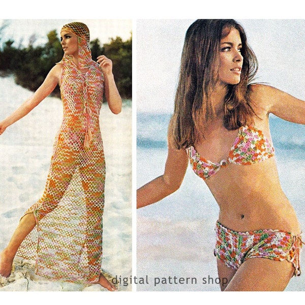 Crochet Bikini Pattern Mesh Beach Caftan Crochet Pattern Side Tie Boy Shorts Headpiece Bathing Suit Swimsuit Instant Download PDF- C181