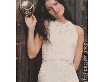 Lacy Dress Crochet Pattern, 70s Vintage Bare Shoulder Sleeveless Lace Dress PDF Download - C33