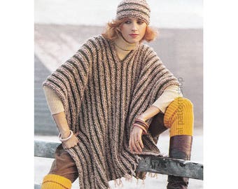 Poncho Knitting Pattern, Hat and Blanket Poncho Striped Fringed Cape and Cap Pattern Womens PDF Instant Download - K117