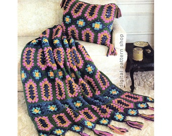 Crochet Afghan Pattern Vintage Jeweled Granny Square Afghan & Pillow Crochet Pattern Blanket Throw Cushion Instant Download PDF - C139