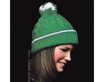 Pom Pom Mütze Strickmuster, Strickmütze mit Zopfmuster, Winter Mütze Strickmuster One Size PDF Download - K69