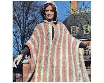 Poncho Knitting Pattern Vintage Hooded Poncho Pattern Womens Striped Hooded Cape PDF Instant Download - K86