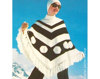 Modello per poncho all'uncinetto, poncho vintage a righe con collo alto lavorato a maglia (PDF da scaricare) - KC3