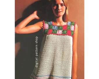 Crochet Top Pattern Vintage Granny Square Smock Tunic,  Beach Cover-Up Instant Download PDF - C64