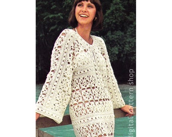 Crochet Caftan Pattern Vintage Lacy Beach Dress, Long Kimono Sleeve Kaftan PDF Download C183