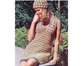 Crochet Dress Pattern Vintage Cap & Dress, Four Color Sleeveless V Neck Dress Crochet Pattern Womens PDF Instant Download- C174