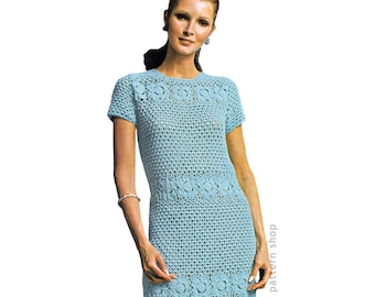 Crochet Dress Pattern Flower Medallion Dress Crochet Pattern Short Sleeve Fitted Dress Womens PDF Instant Download- C176