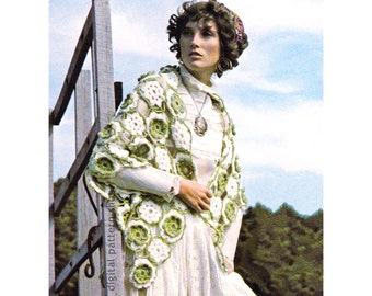 Padrão de xale de crochê, xale vintage com motivo floral, xale de noite com rosas, download instantâneo em PDF C192