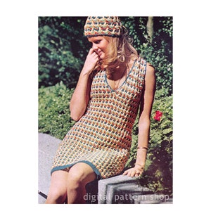 Crochet Dress Pattern Vintage Cap & Dress, Four Color Sleeveless V Neck Dress Crochet Pattern Womens PDF Instant Download C174 image 1