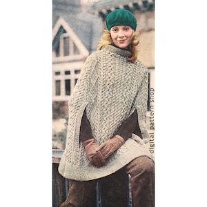 70s Vintage Irish Knit Cape Pattern, Aran Knit Poncho Knitting Pattern for Women Arm Slits PDF Instant Download K35