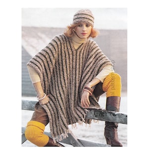 Poncho Knitting Pattern, Hat and Blanket Poncho Striped Fringed Cape and Cap Pattern Womens PDF Instant Download - K117