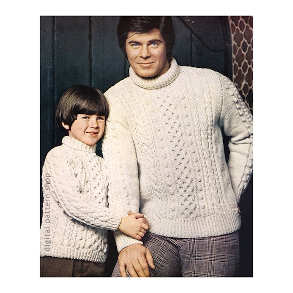Knitting Pattern Boys & Mens Aran Sweater, Knit Pullover Cable Sweater Pattern Father Son Matching Sweaters PDF Instant Download - K91